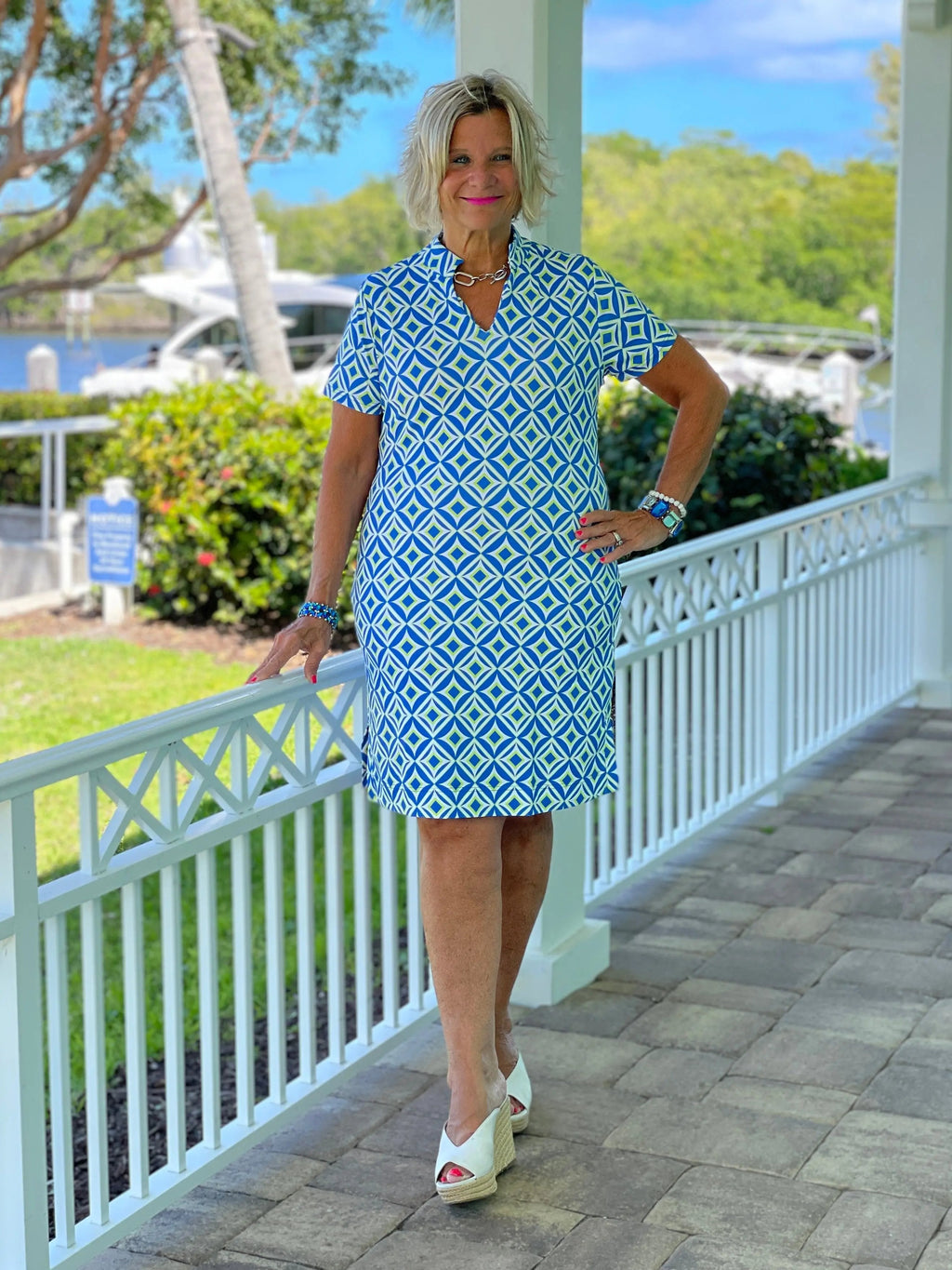 AQUA DIAMONDS SHORT SLEEVE DRESS