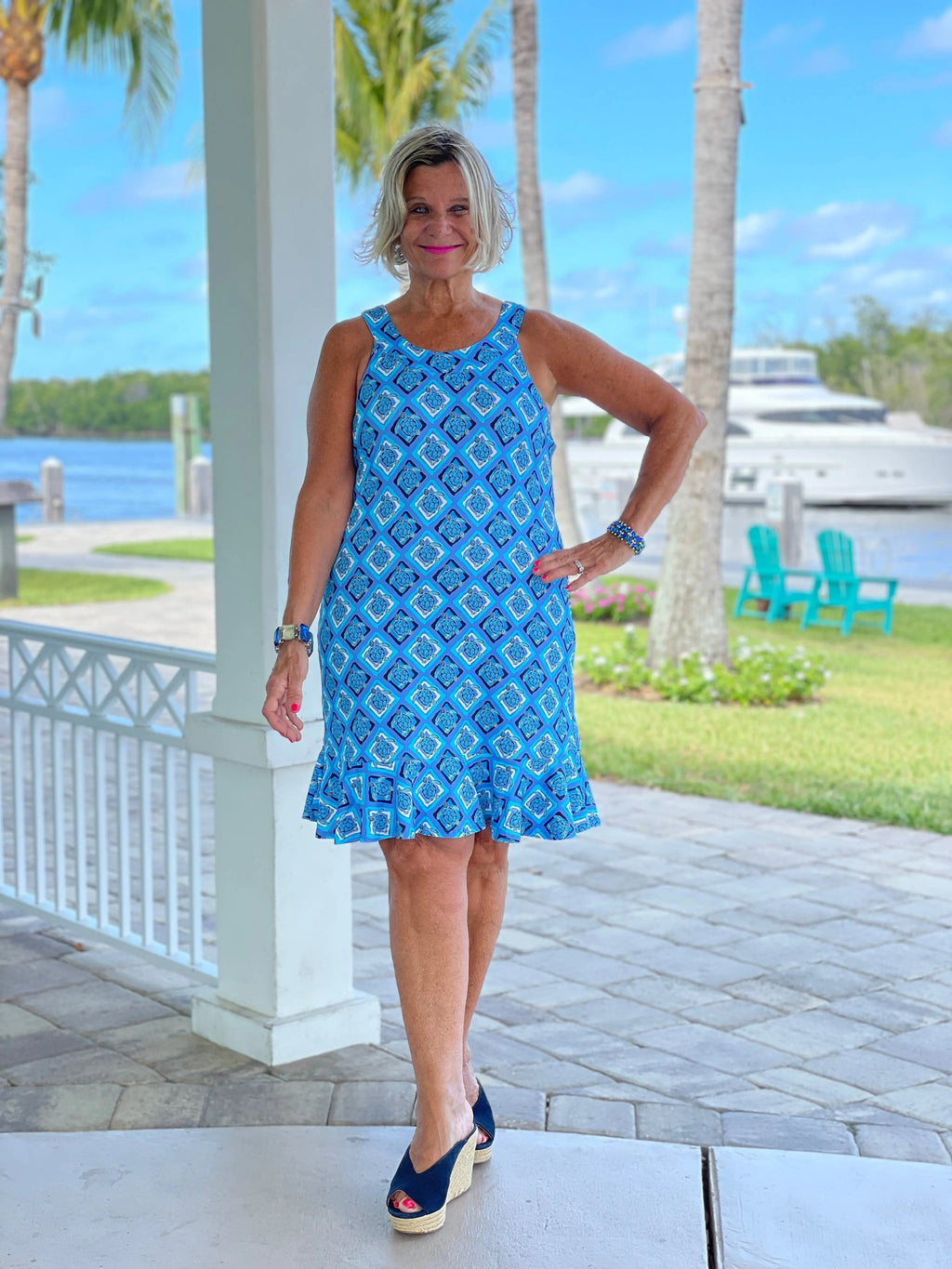 BAHAMA BLUE TURTLE HALTER  RUFFLE DRESS