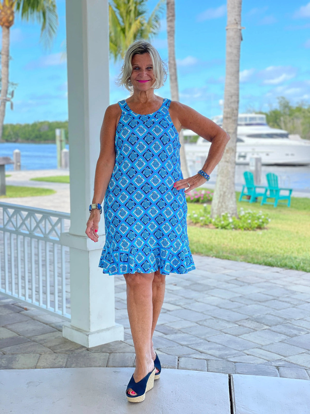 BAHAMA BLUE TURTLE HALTER  RUFFLE DRESS