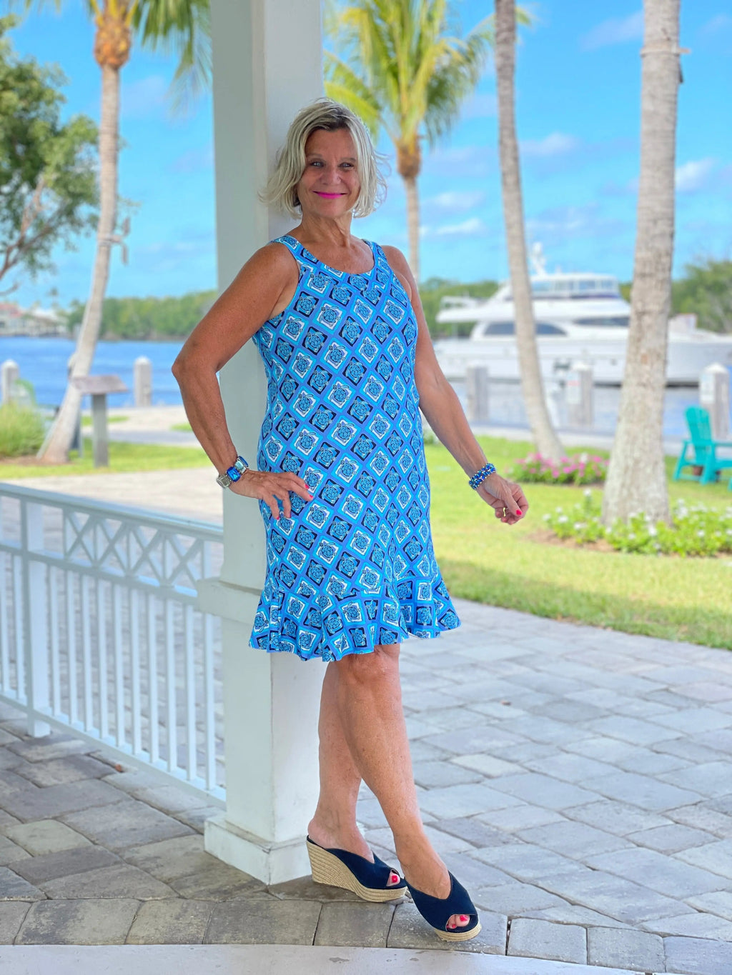 BAHAMA BLUE TURTLE HALTER  RUFFLE DRESS