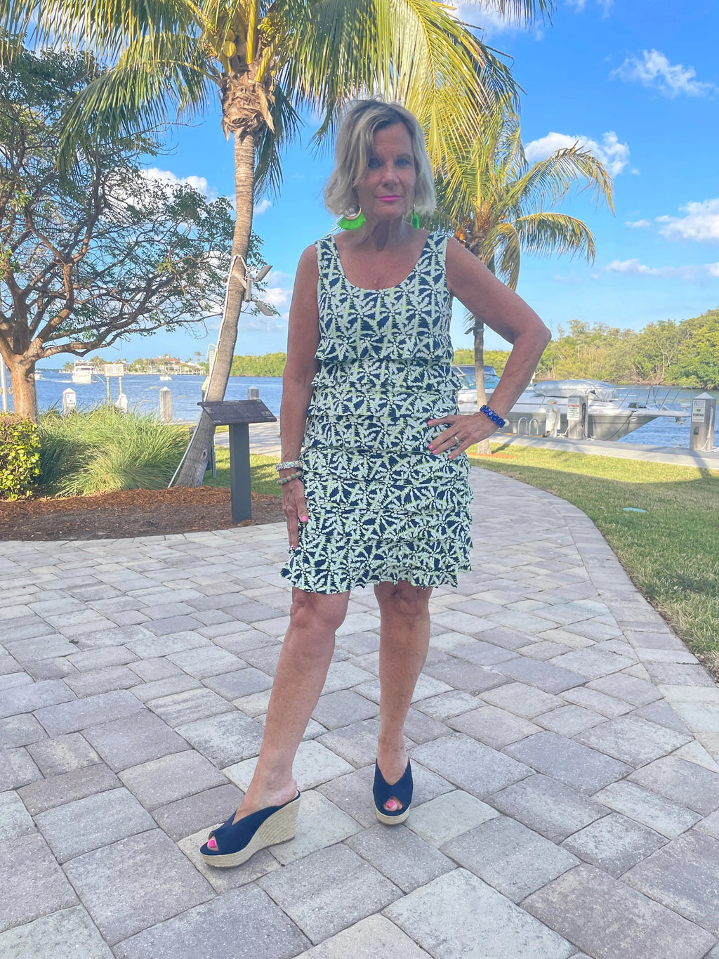GREEN AND NAVY PALM LAYERED RUFFLE DRESS