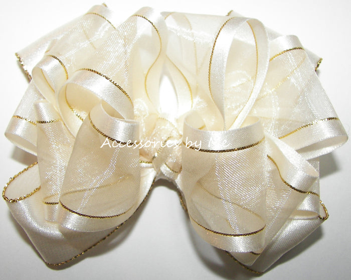 ivory Organza Satin Gold Lame Trim Hair Bow