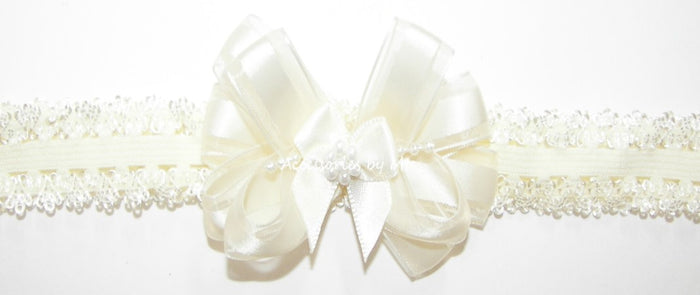 Ivory Satin Pearl Bow Applique Lace Headband