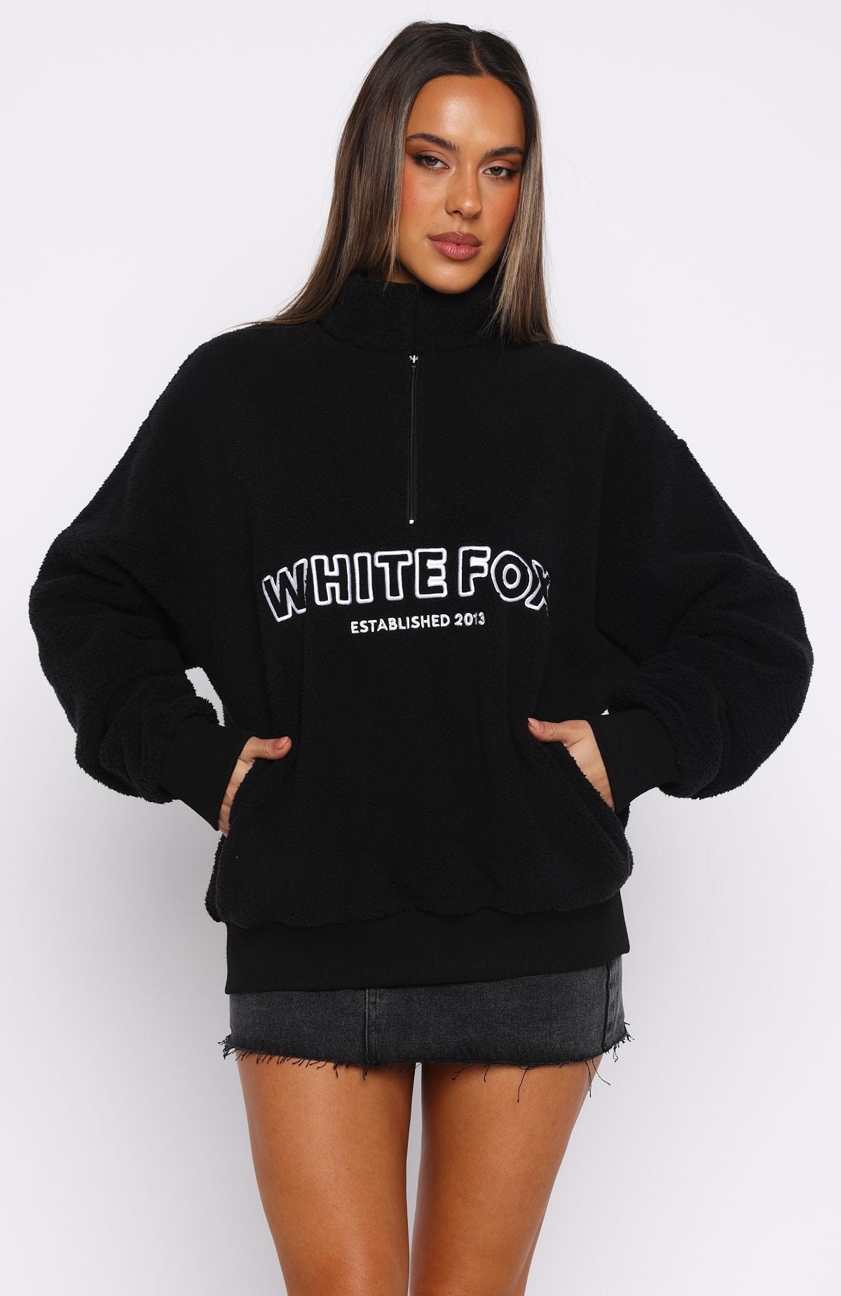 Hard To Stay Focused Teddy Borg Zip Front Sweater Black