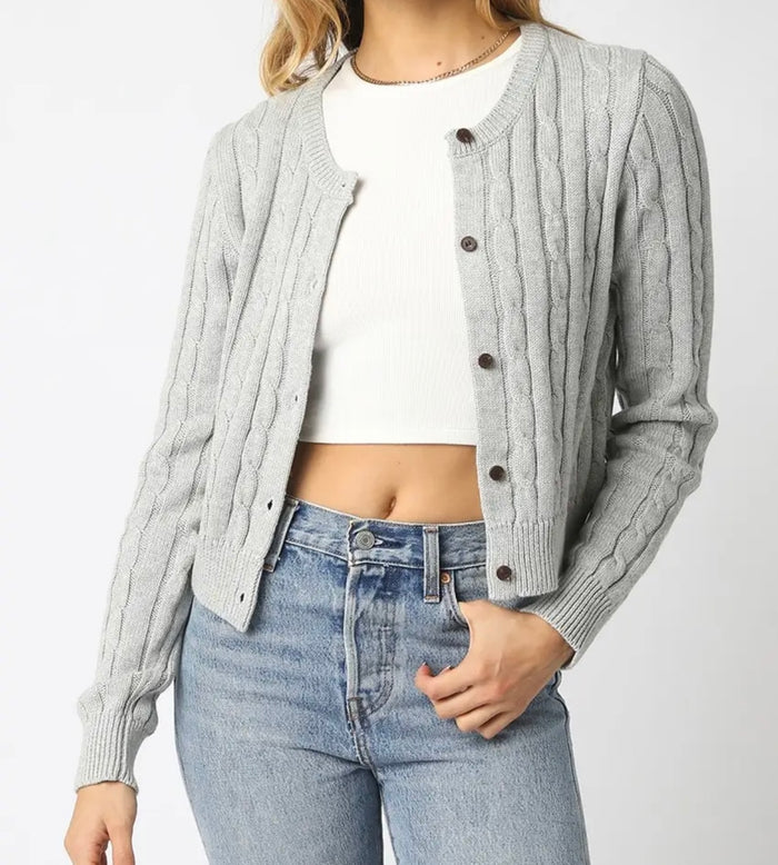 Kassidy Cable Knit Cardigan - Light Heather Grey
