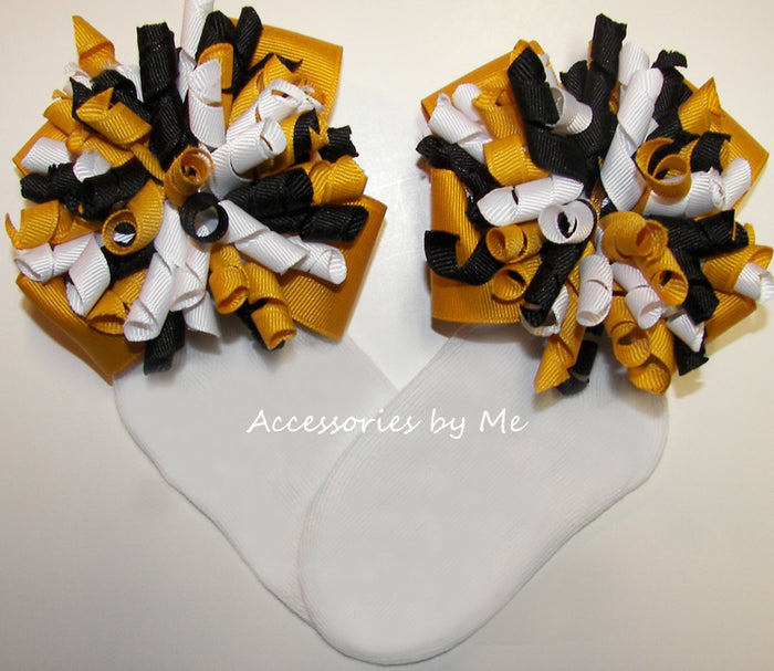 Yellow Gold Black White Korker Bow Cheer Socks