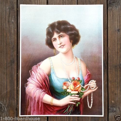 LADY WITH PEARLS Lithograph Art Print 1920s