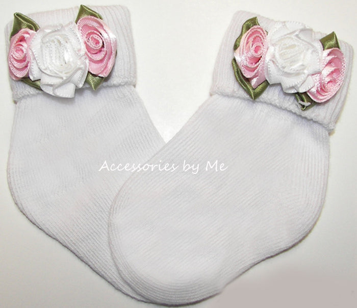 Pink White Rose Flower Socks