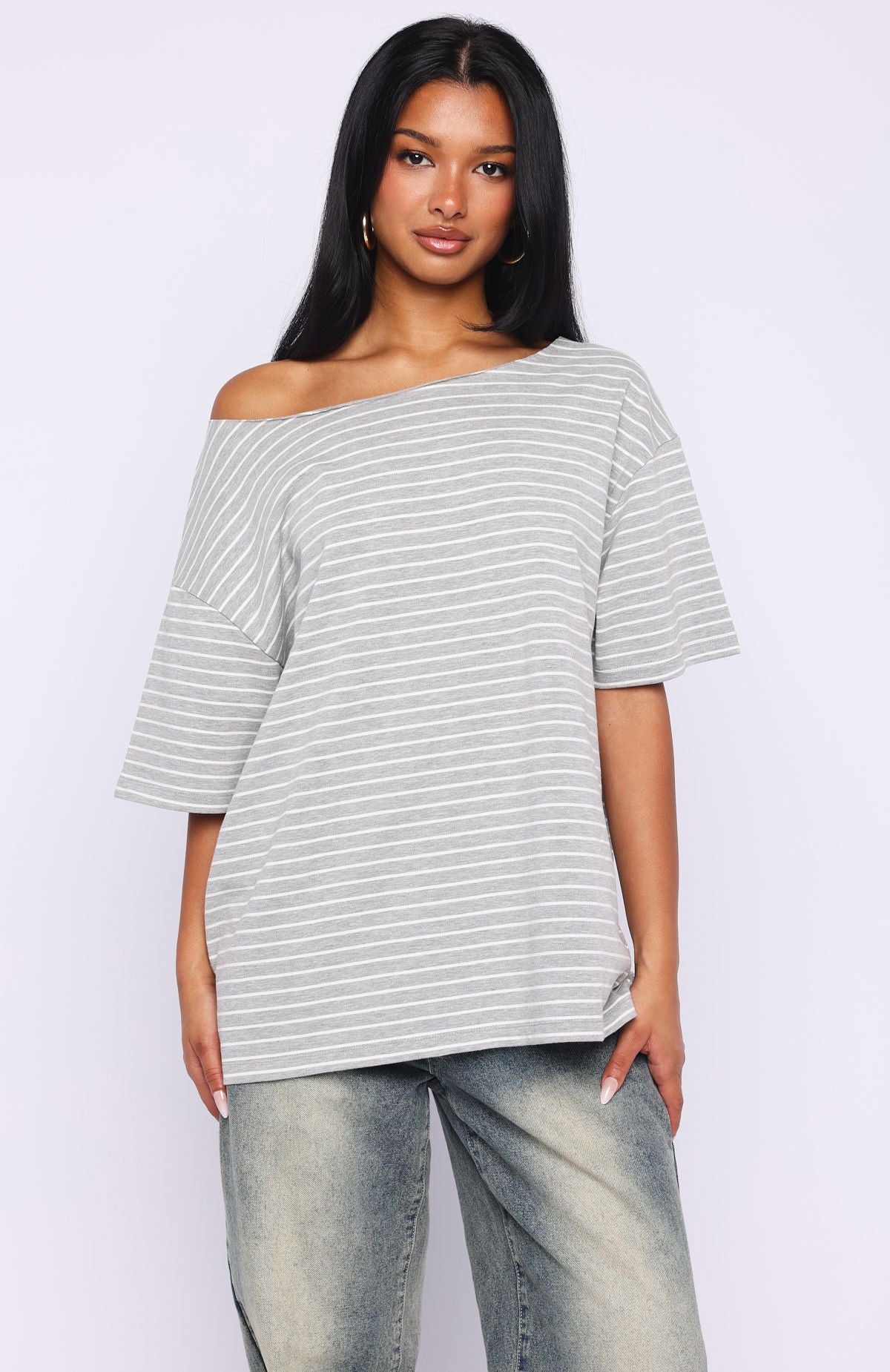 Give Me Options Off Shoulder Tee Grey/White Stripe