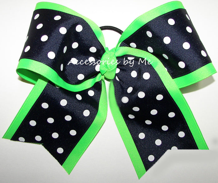 Navy Blue White Polka Dots Neon Green Cheer Bow