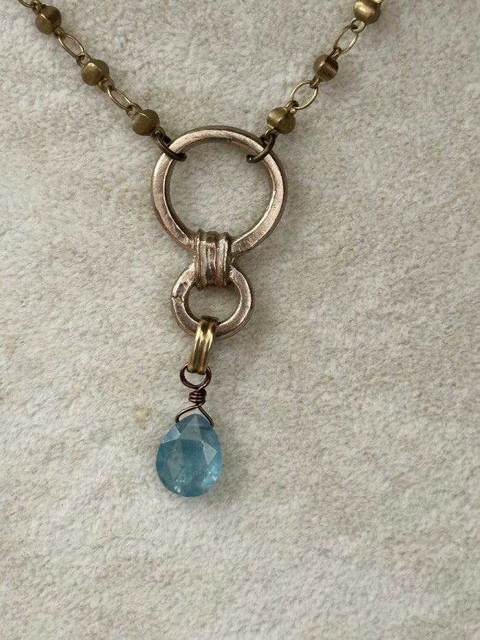 Necklace 18" Graduated Bronze O-Ring Pendant | Strawberry Quartz or Aqua Kyanite | Lock&Key Lock and Key Necklace