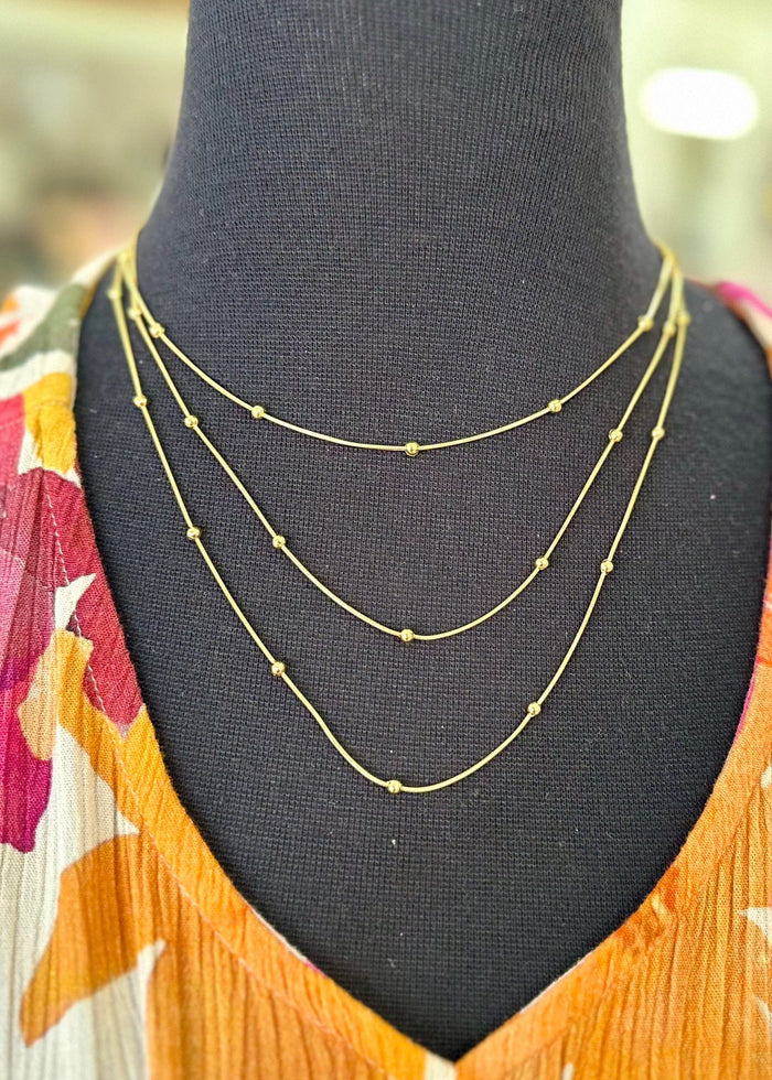Necklace Triple Strand Gold Bead Decor Jazzy Pink Necklace