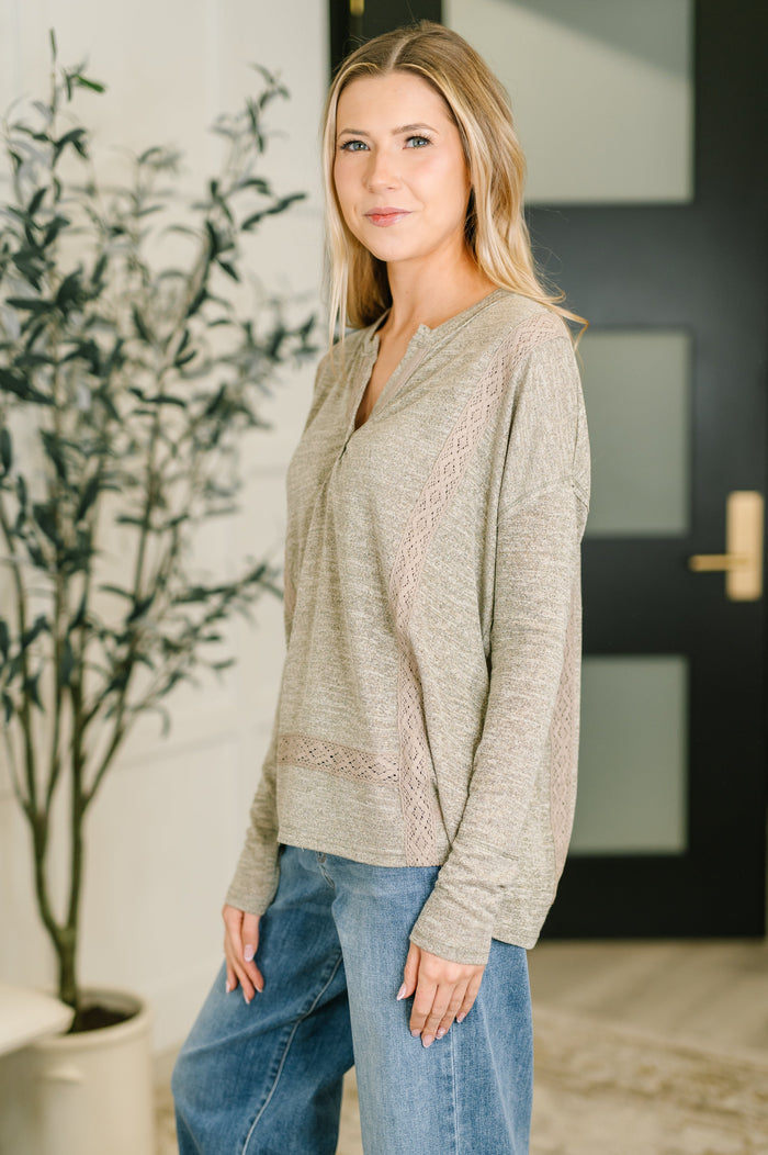 Never Been So Sure Lace Accent Henley Top in Taupe
