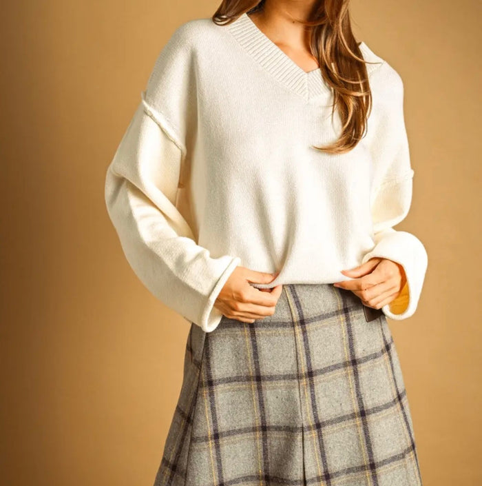 Oversized V-Neck Sweater - Tan