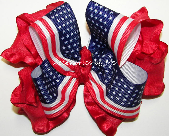 Patriotic Red White Blue USA Flag Ruffle Hair Bow