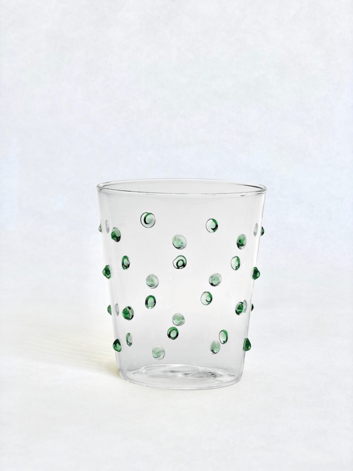clear glass tumblers with green glass dots