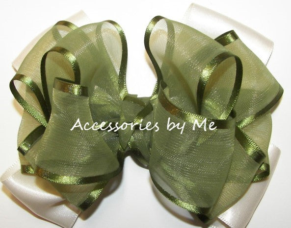 Sage Green Ivory Organza Satin Hair Bow