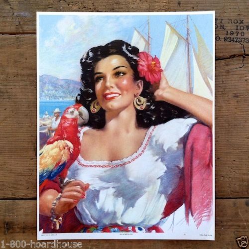 SENORITA IN ACAPULCO Lithograph Pinup Print 1940s