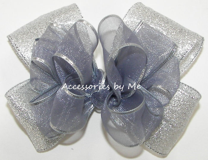 Silver Organza Metallic Trim Hair Bow