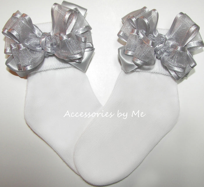Silver Organza Lame Trim Satin Bow Socks