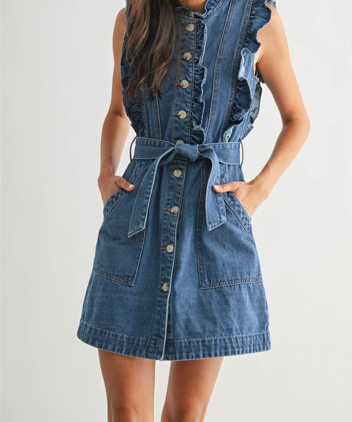 Sleeveless Denim Dress w/ Ruffles