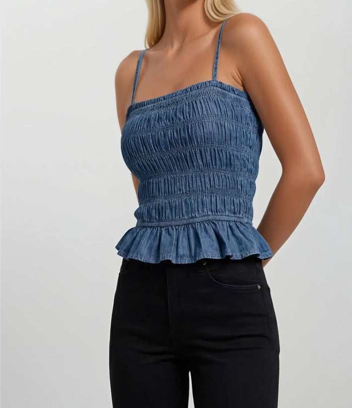 Smocked Chambray Top - Dark Denim