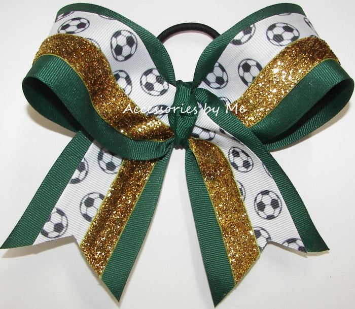 Soccer Forest Green Gold Glitter Cheer Style Bow
