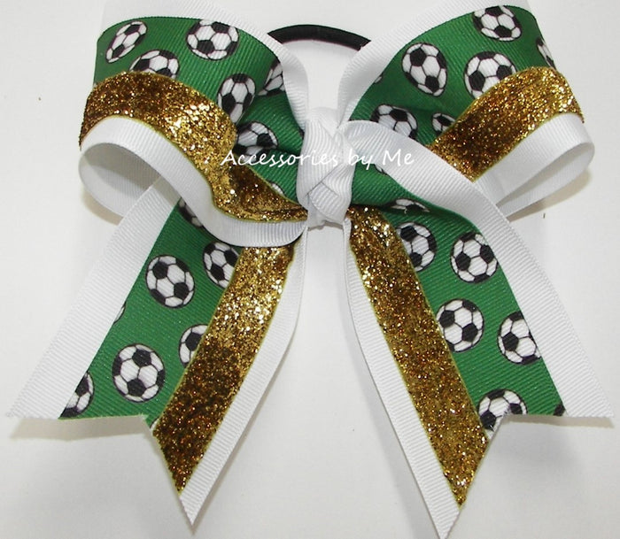Soccer Green White Gold Glitter Cheer Bow