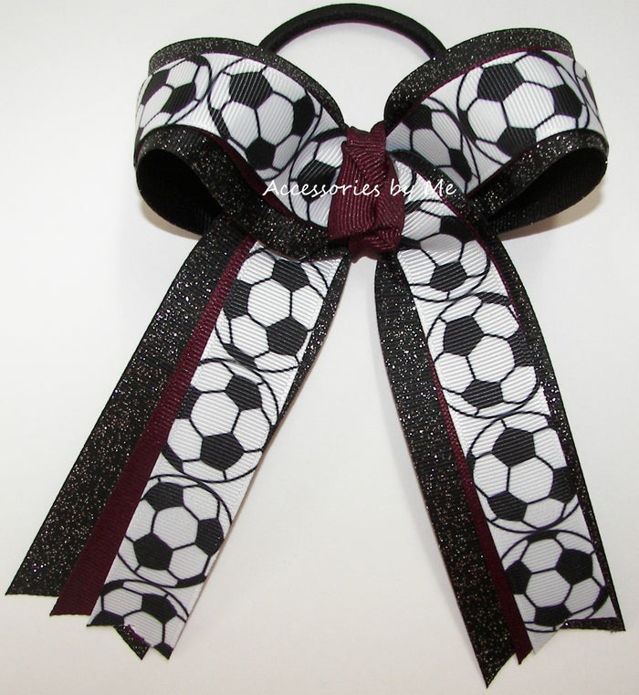 Soccer Maroon Black Glitter Ponytail Bow
