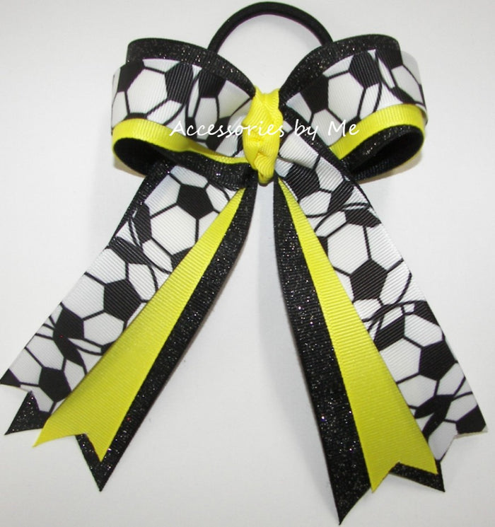 Soccer Black White Print Sunshine Bright Yellow Black Glitter Ponytail Bow