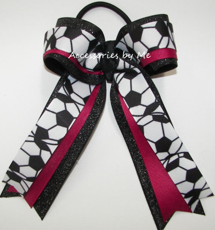 Soccer Ball Ribbon Print Azalea Black Glitter Ponytail Bow