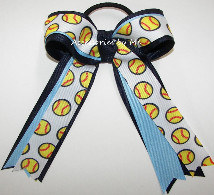 Softball Print Light Blue and Navy Blue Ribbons Ponytail Bow