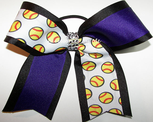 Softball Purple Black Ponytail Bow