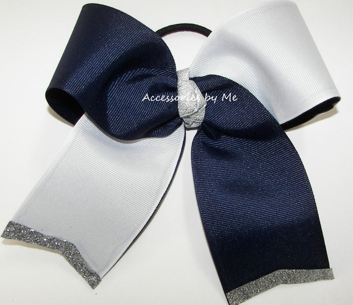 Navy Blue White Silver Glitter Trim Tic Toc Cheer Bow