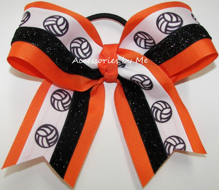 Volleyball Orange Black Glitter Ponytail Bow