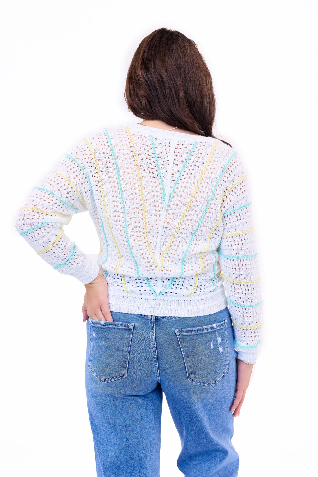 Women's Crochet Striped Open Knit Sweater