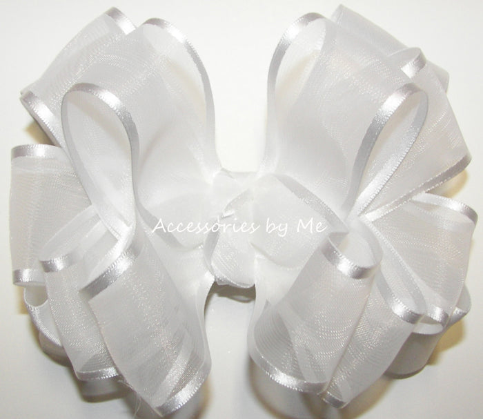 White organza Satin Trim Hair Bow