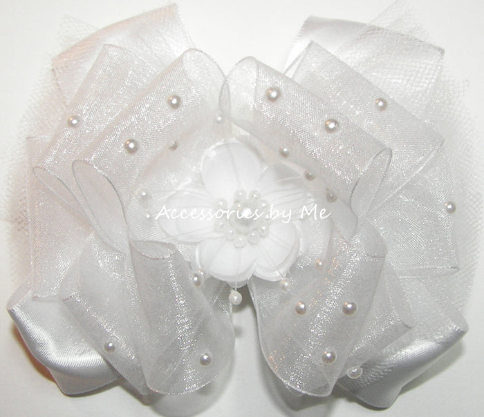 White Organza Tulle Satin Pearls Flower Hair Bow
