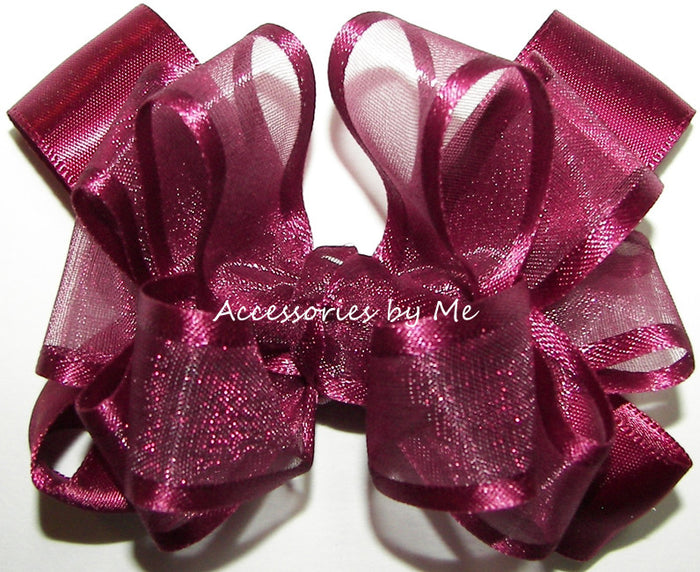 Wine Organza Satin Hair Bow