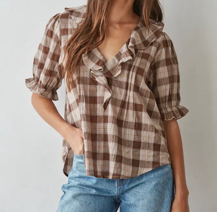 Woven Ruffle V-Neck Blouse - Brown/Cream